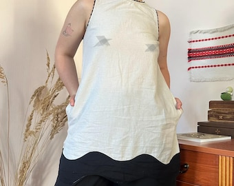 Beige Linen Cotton Tank Longline Top Scallop Hem Tunic Cottagecore Coastal Boho (M)