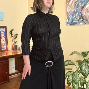 Y2K Striped Black Button Up Shirt by Biaggini – Office Siren Long Sleeve Blouse, Minimalist Collared Vintage Top, Elegant Structured Blouse