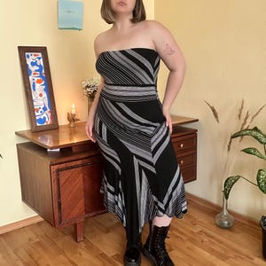 Vintage Y2K Strapless Midi Dress – Black White Striped Tube Dress, Asymmetrical Hem Deconstructed Dress, Avant Garde Soft Goth Evening Gown