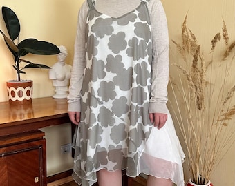 Vintage Green Floral Asymmetrical Mesh Midi Dress -  Y2K Cute Romantic Fairycore Aesthetic (L/XL)