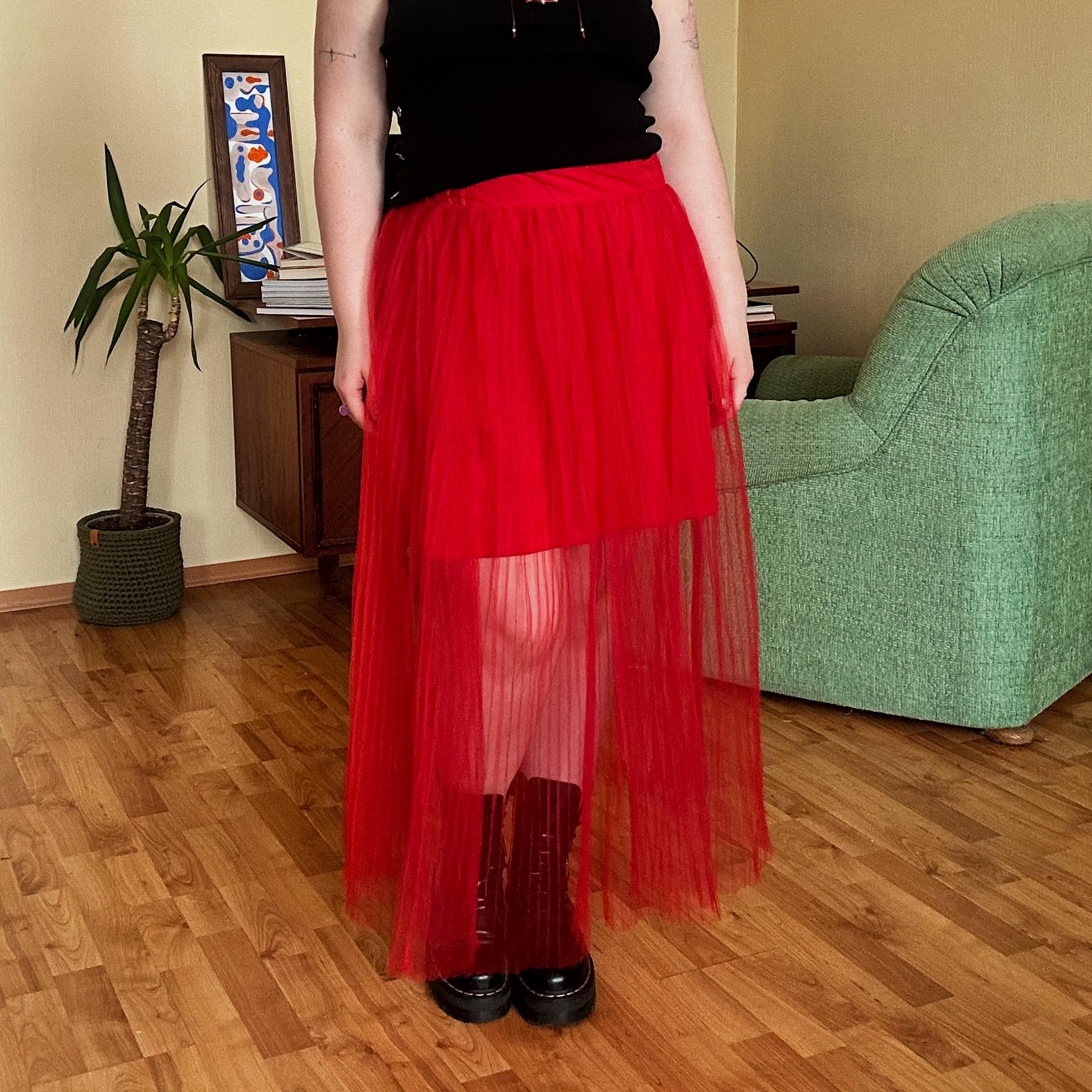 Red Tulle Maxi Skirt - High-Low Red Goth Skirt, Elastic Waist, Plus Size Tutu, Whimsical Ballet Mesh Skirt, Dramatic Red Pleated Skirt