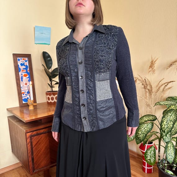 Vintage Patchwork Button-Up Top — Y2K Textured Fi… - image 8