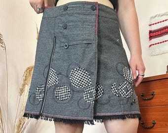 Geisha Jeans Vintage Grey Houndstooth Appliqué Mini Skirt Dark Academia Wrap Y2K 00s (XL)