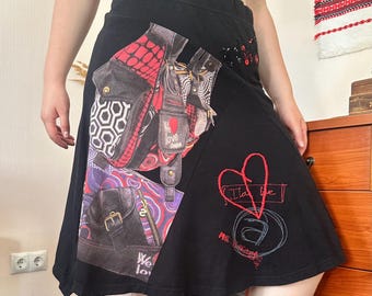 Funky Vintage Desigual Collage Print A-Line Stretch  Skirt Y2K Gothic Grunge Style (M/L)