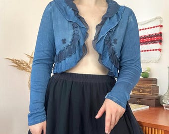 Vintage Blue Ruffle Crop Shrug Bolero Coquette Balletcore Y2K (S/M)
