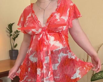 Vintage See-Through Babydoll Blouse L/XL — Romantic Ruffle Mesh Tie Front Top, Boho Fairycore Aesthetic