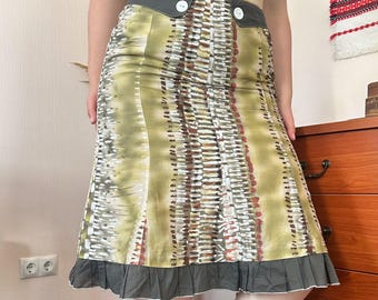 Suspensa Milan Vintage Olive Abstract Cotton Skirt Ruffle Hem Y2K Boho Hippie Forest Nymph (M)