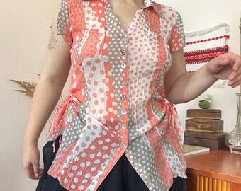 Patrice Breal Vintage Coral Polka Dot Crinkle Ruffled Blouse Patchwork Dopamine Y2K (M/L)