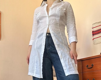 Vintage White Linen Long Shirt Tunic Button Down Chest Pockets Minimalist Lagenlook Style (M)
