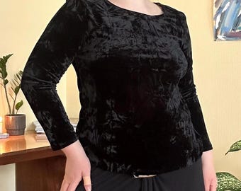 Vintage Saloos zwarte fluwelen top met lange mouwen, romantische gothic/heksenachtige herfststijl (L)