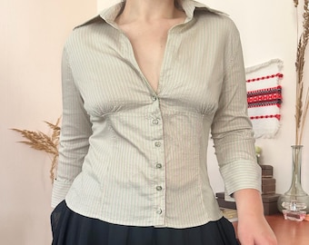 Vintage Pinstripe Fitted Empire Waist Shirt Office Siren Corpcore Y2K (M)