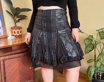 Vintage Gothic Black Panelled Midi Skirt — Dark Fairycore Whimsigoth Lace Skirt (M/L)