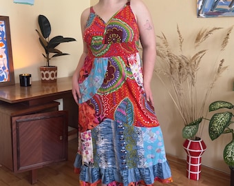 Vintage Patchwork Maxi Dress L — Y2K Colourful Boho Fairycore Hippie Cottagecore Indie Folk Art Sundress