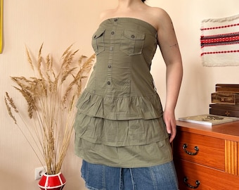 Vintage Khaki Cotton Strapless Tiered Ruffle Tube Tunic Top Smocked Back Military Y2K Grunge (M/L)
