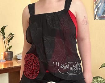 Vintage Desigual Mesh Layered Tank Abstract Black Red Asymmetric Top Y2K Gothic Style (M/L)