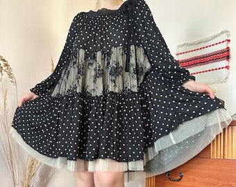 Twin-Set Simona Barbieri Vintage Black Polka Dot Lace Layered Mini Dress Whimsigoth Coquette Made Italy (L/XL)