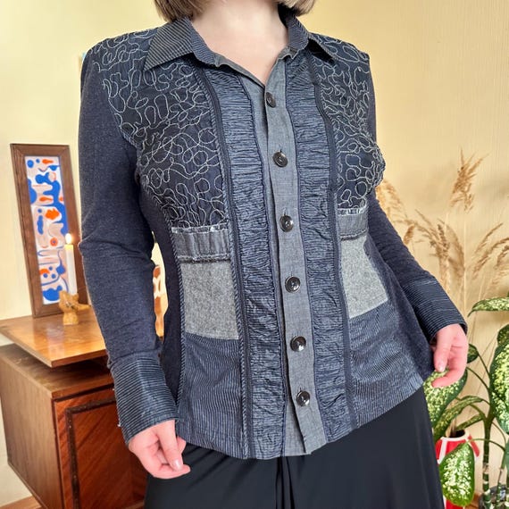 Vintage Patchwork Button-Up Top — Y2K Textured Fi… - image 6