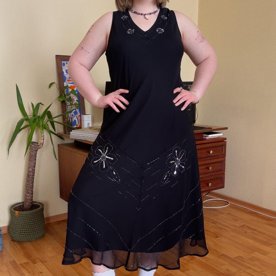 1920s Beaded Black Maxi Dress: Joanna Hope A-line Evening Gown - Main Image