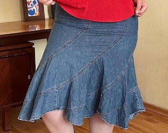 Y2K denim midirok zeemeermin – blauwe jeansrok met hoge taille en uitlopende ruches aan de zoom, boho indie-esthetiek