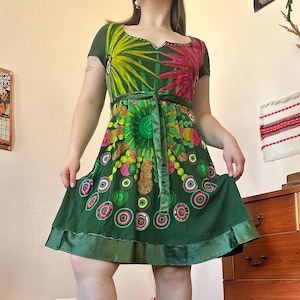 Vintage Desigual Green Tropical Mandala Print Cotton Mini Dress Belted Studded Y2K Boho Style (M/L)