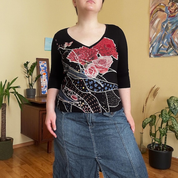 Vintage DESIGUAL Y2K Floral Print Mesh Top – Abstract Top with - Main Image