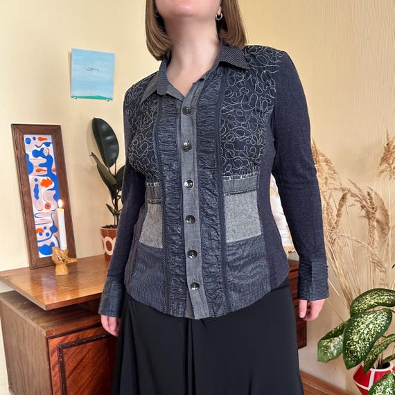 Vintage Patchwork Button-Up Top — Y2K Textured Fi… - image 1