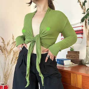 Vintage Made in Italy Green Viscose Tie Front Crop Top Funky Y2K Boho (M/L)