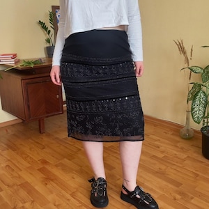 Vintage Elegant Black Beaded Mesh Pencil Skirt – Y2K Coquette Sequin Skirt, Sheer Overlay, Romantic Gothcore Partywear