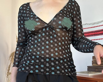 Vintage Street One Sheer Abstract Wrap V-Neck Sleek Top Y2K Long Sleeve Boho Festival Hippie Style (M)