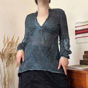 Kosmika Vintage Slate Blue Silk Blouse Made in Italy Dark Academia Quiet Luxury Whimsigoth Style (S/M)
