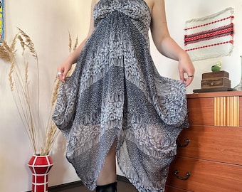 Vintage Gray Floral Bubble Hem Layered Strapless Midi Dress Fairycore Y2K Boho (S/M)