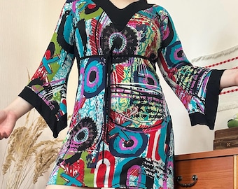 Cache Cache Vintage Graffiti Print Mini Asian Style Dress Y2K Abstract Dopamine Dressing Bell Sleeve 00s (M)