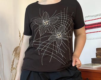 Vintage Brown Beaded Embroidered Top Floral Stitch Dark Academia Boho Y2K 00s (L/XL)
