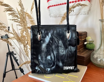 Vintage Esprit Black Patent Faux Leather Tote Shoulder Bag Y2K Gothic Minimalist Grunge Style
