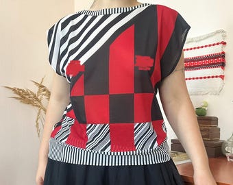 Charles Andréa Paris Vintage Red Black Geometric Print Mesh Blouse Abstract Stripe 80s Mod Style (M/L)