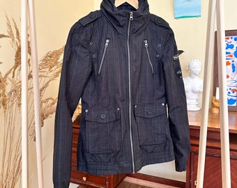 Vintage Y2K Utilty ausgestattet Jacke M - Reißverschluss mit mehreren Taschen und hohem Kragen, futuristische Urban Cyber Streetwear