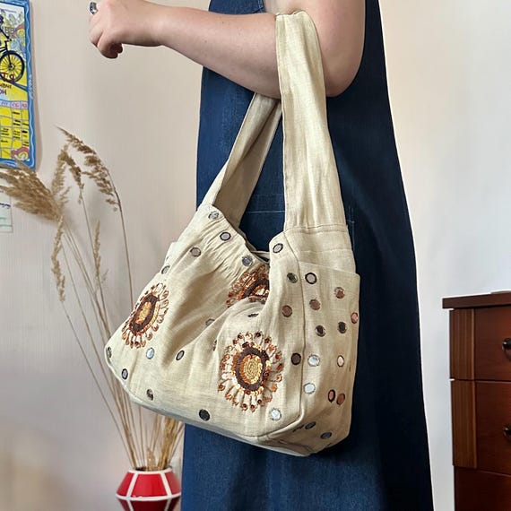 Vintage Anna Panni Embroidered Sequin Tote Bag  Boho Indie Folk Shoulder Bag