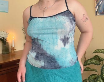 Vintage Tie-Dye Cami Top – Spaghetti Strap Y2K Tank, Aqua Sequin Beaded Mesh Stretchy Top, Fairycore Aesthetic