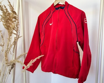 Jaqueta corta-vento vintage Nike vermelha com zíper e swoosh Y2K (XS/S)