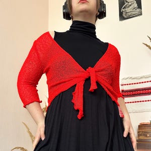 Vintage Red See-Through Tie Front Cardigan — Deadstock Y2K Lightweight Knit Layering, Boho Hippie Style (M/L)
