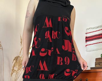 Cicero Vintage Bubble Hem Letter Print Mini Dress High Neck Black Red Y2K Gothic Cyper Punk Style (M)