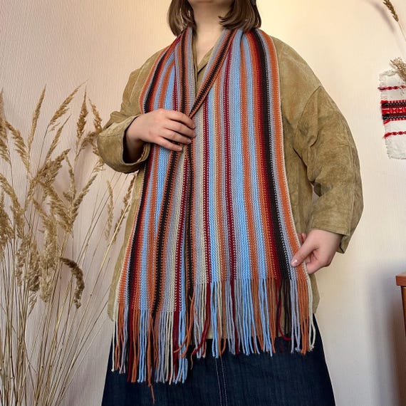 Vintage Multicolor Striped Knit Long Scarf – Y2K Unisex Cozy  display picture 1