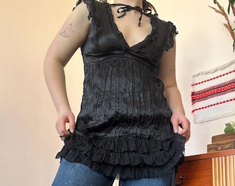 Vintage Black Ruffle Crinkle Babydoll Tunic Top Y2K Goth Witchy Style (M/L)