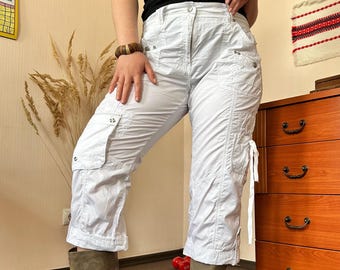 Vintage So Soire White Cotton Cargo Capri Pants Multi Pocket Y2K Utility Grunge Style Style (L)