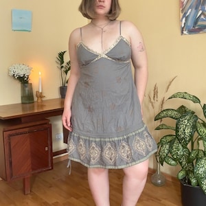 Y2K Embroidered Babydoll Mini Dress: Boho Hippie Cottagecore - UK16