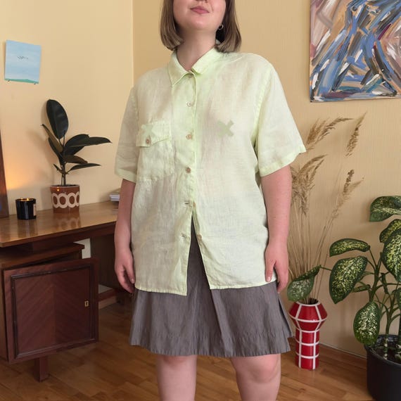 Paul Smith, Vintage Paul Smith Lime Green See-Through Linen Shirt L — Button Up Short Sleeve Top, Pastel Shirt, Minimalist Capsule Wardrobe