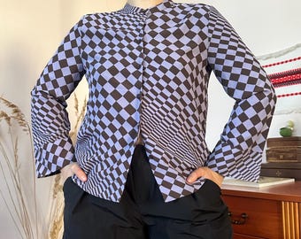 Funky Warped Checkerboard Optical Illusion Blouse Lavender Brown Dopamine 00s style (S/M)