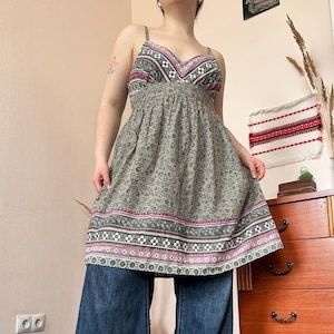 Vintage Cotton Babydoll Floral Cami Tunic Mini Dress  — Y2K Boho Cottagecore Style (L)