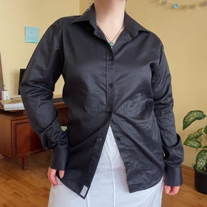 Vintage Bertoni Y2K Office Siren Black Satin Button-Up Shirt - Women’s Long Sleeve Elegant Blouse, Sleek Office Wear, Corp Core