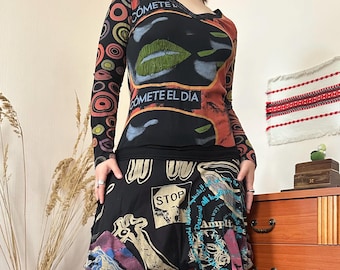 Artsy Desigual Vintage Graphic Print Tie Waist Mini Dress Graffiti Indie Sleaze Y2K Grunge (M/L)